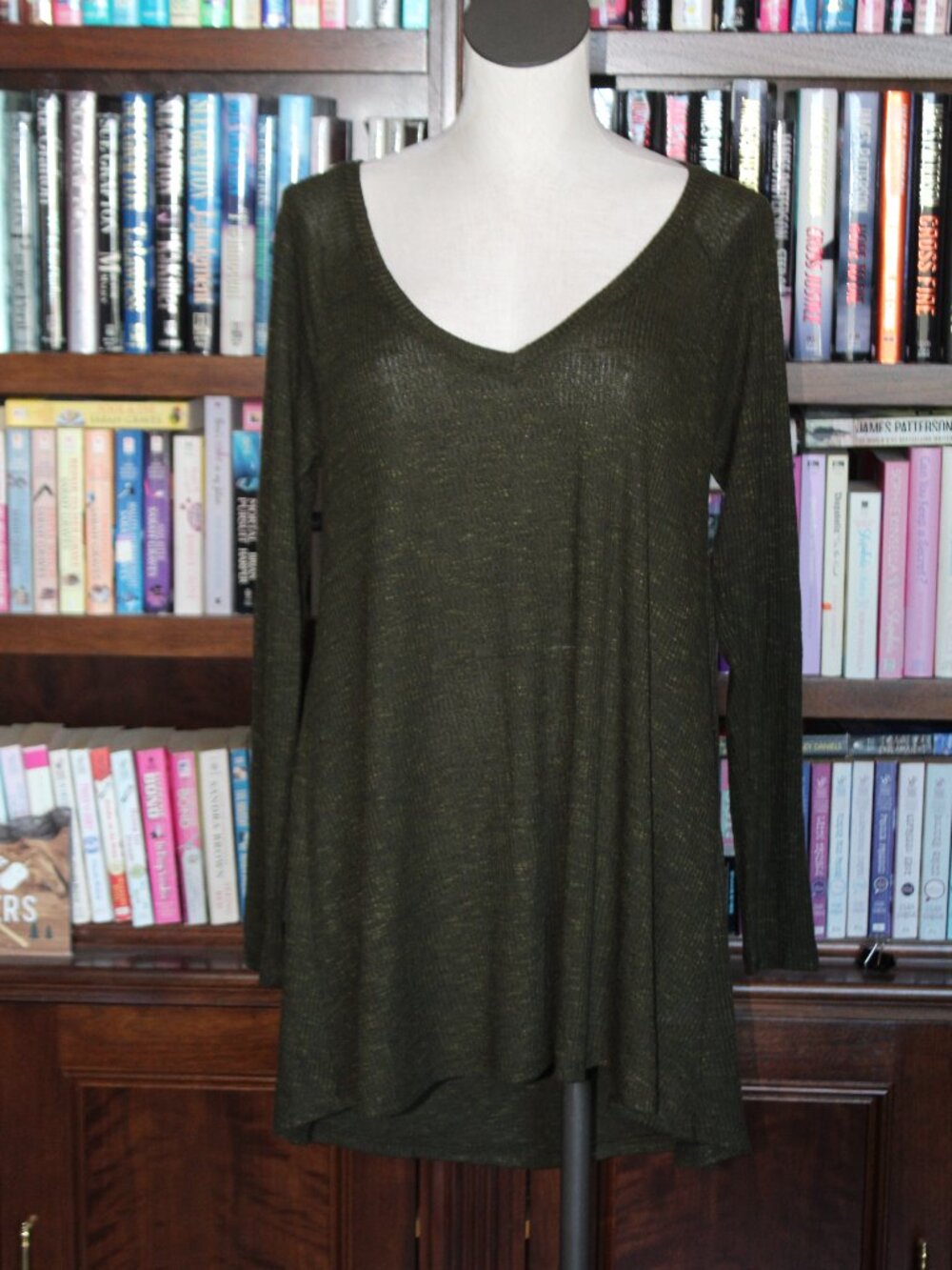 ANA Olive Green-Black Ribbed High-Low Tunic Top